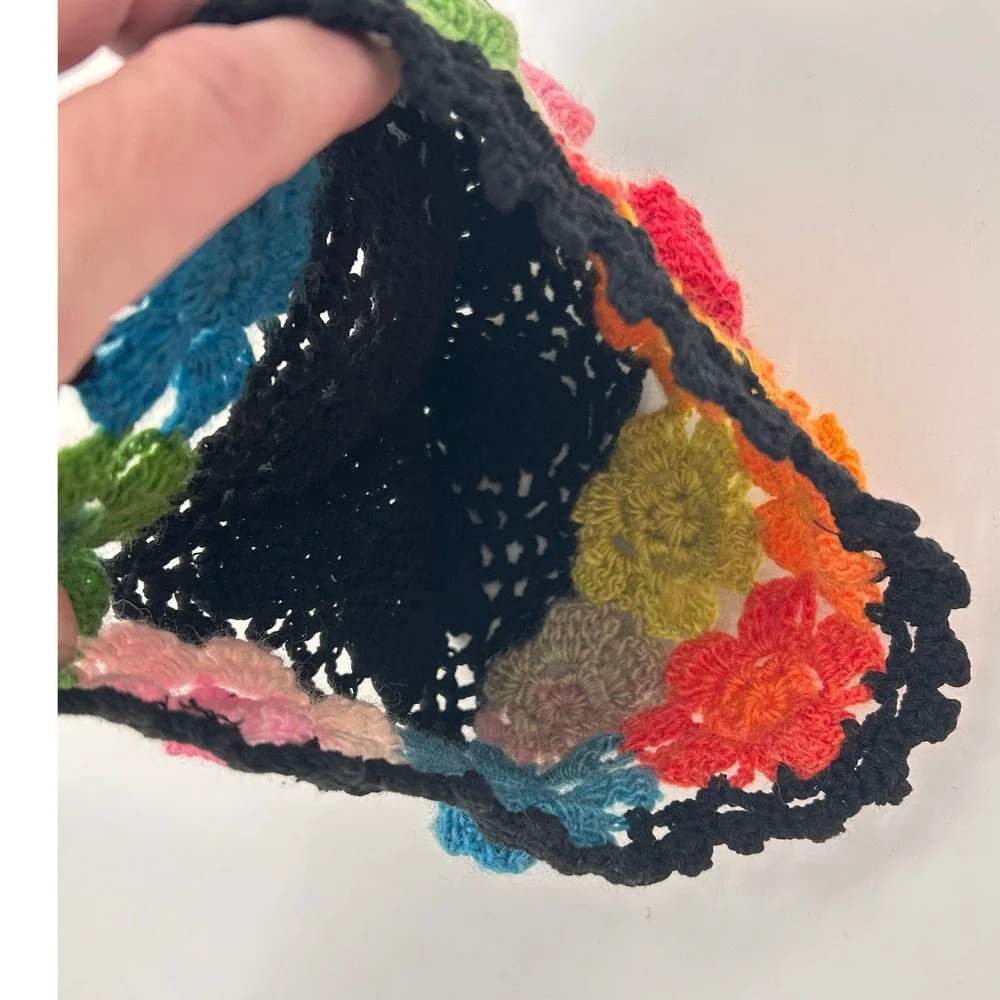 Handmade Crochet Floral Beanie Black Multicolor Boho 3D Flower Skull‎ Cap Hat